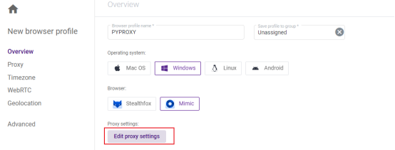 how configure pyproxy on indigo